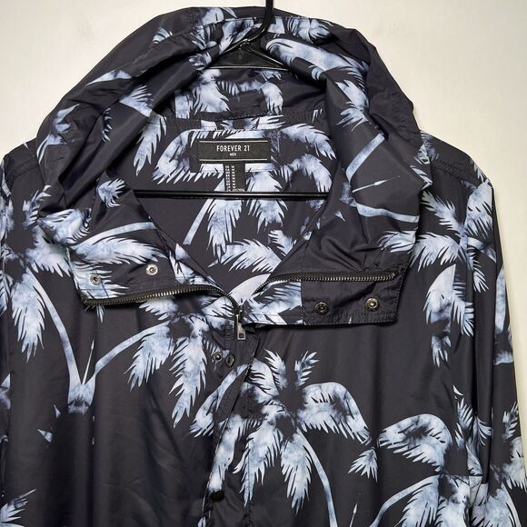 Forever 21 Men Full Zip Hooded Windbreaker Jacket Mens Size Medium Blue Tropical - Picture 2 of 13